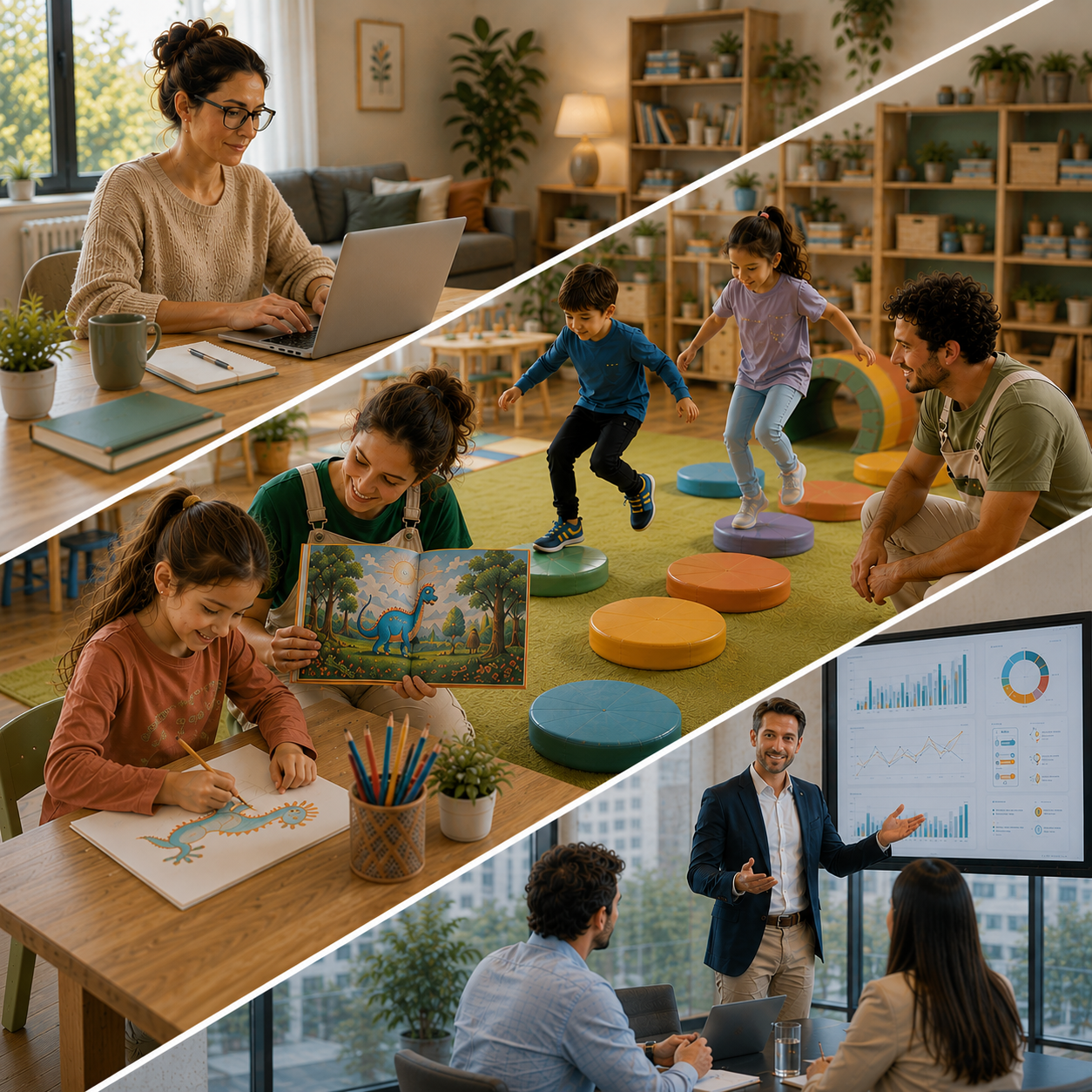 Bambini impegnati in attività creative con un'educatrice in uno spazio Inframily